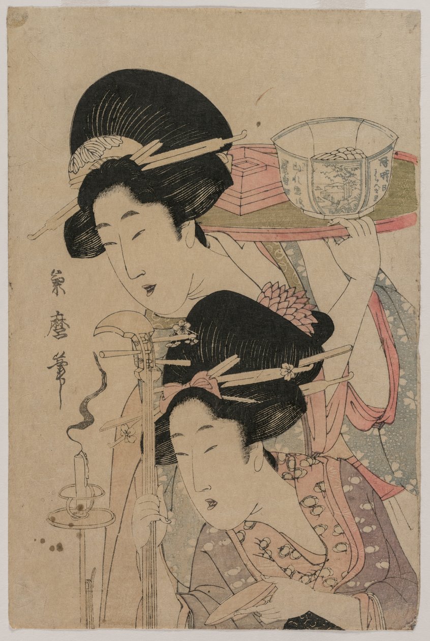 Duas gueixas ao lado de uma vela, em meados do século XIX. de Kitagawa Kikumaro