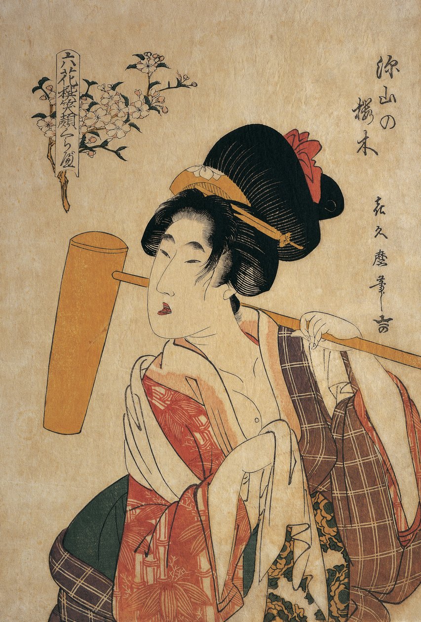 Grande plano de uma jovem mulher com um pilão de madeira no ombro de Kitagawa Tsukimaro