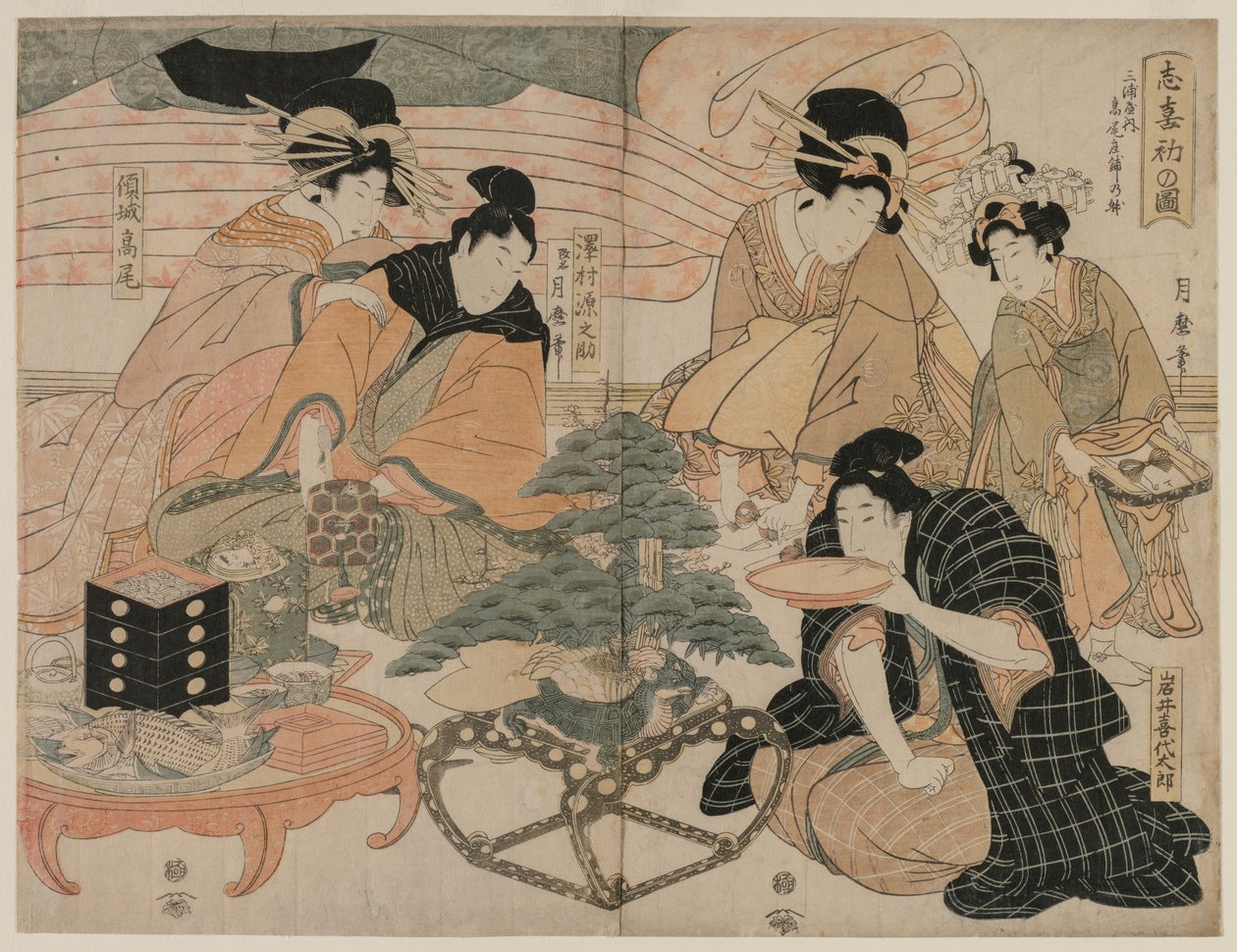Imagem da primeira visita aos bairros de prazer, em meados do século XIX. de Kitagawa Tsukimaro
