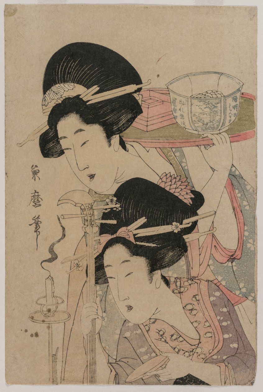 Duas gueixas ao lado de uma vela de Kitagawa Tsukimaro