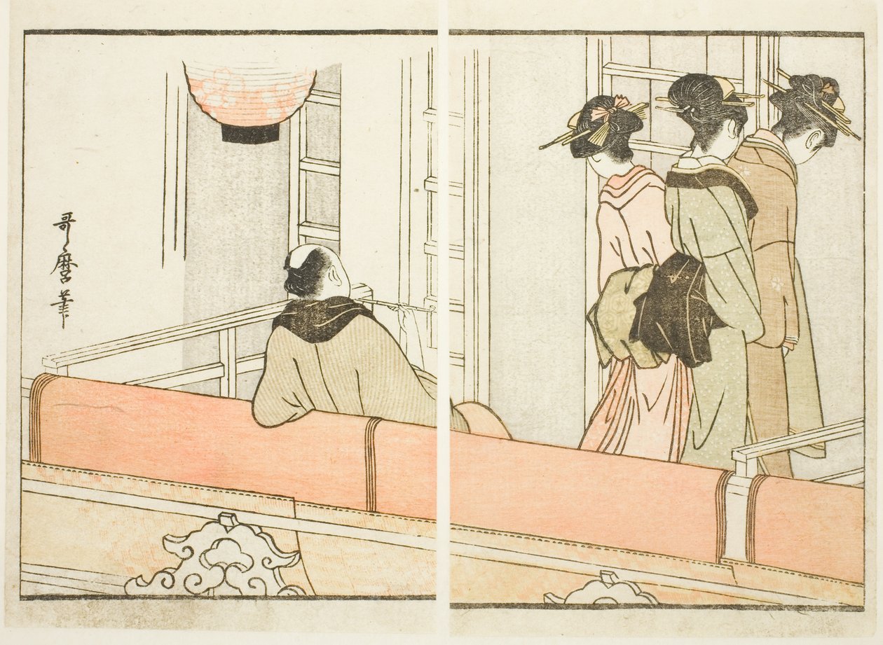 Um camarote no Teatro Kabuki, do livro ilustrado "Guia dos Camarins dos Actores (Yakusha gakuya tsu)" de Kitagawa Utamaro