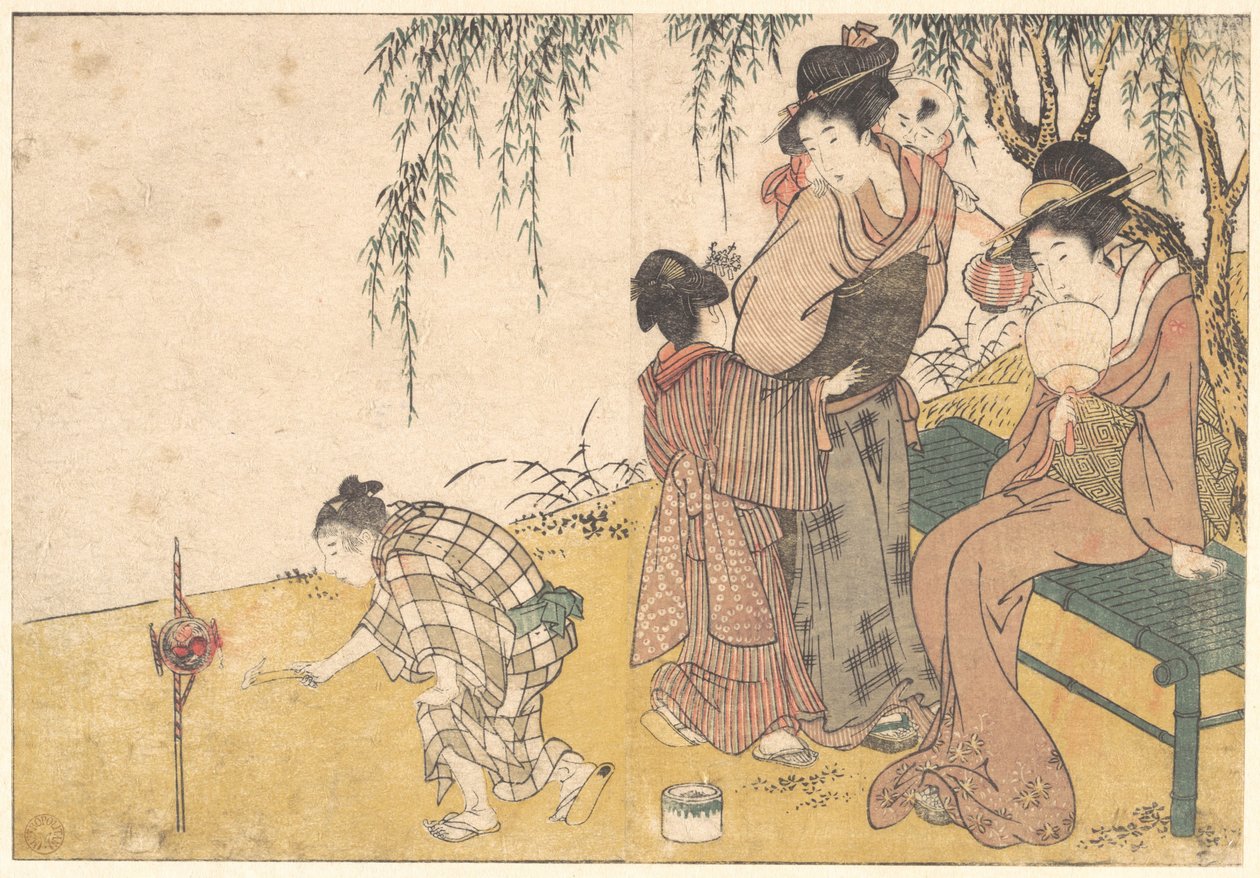 «Uma criança a acender fogos de artifício», do livro ilustrado «Flores das Quatro Estações» de Kitagawa Utamaro