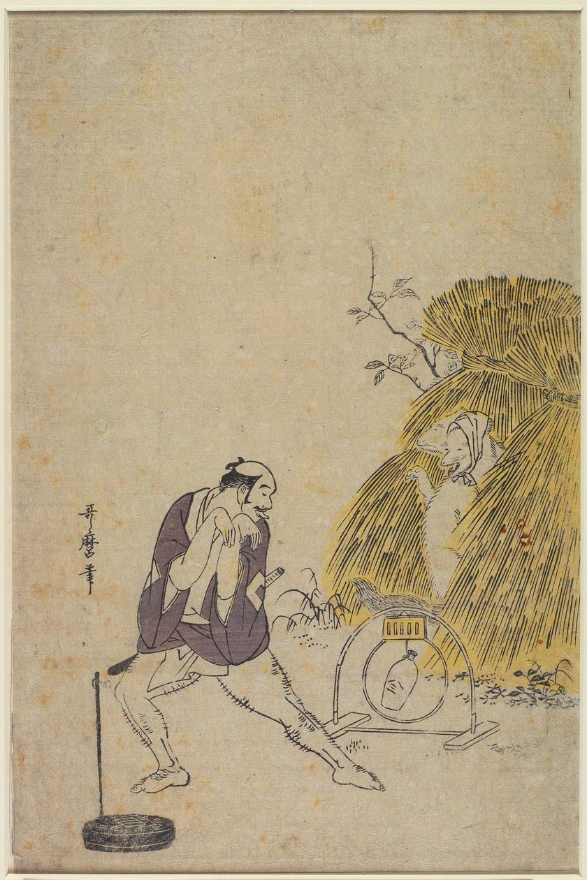 Um criado (Yakko) a troçar de uma armadilha para uma raposa de Kitagawa Utamaro
