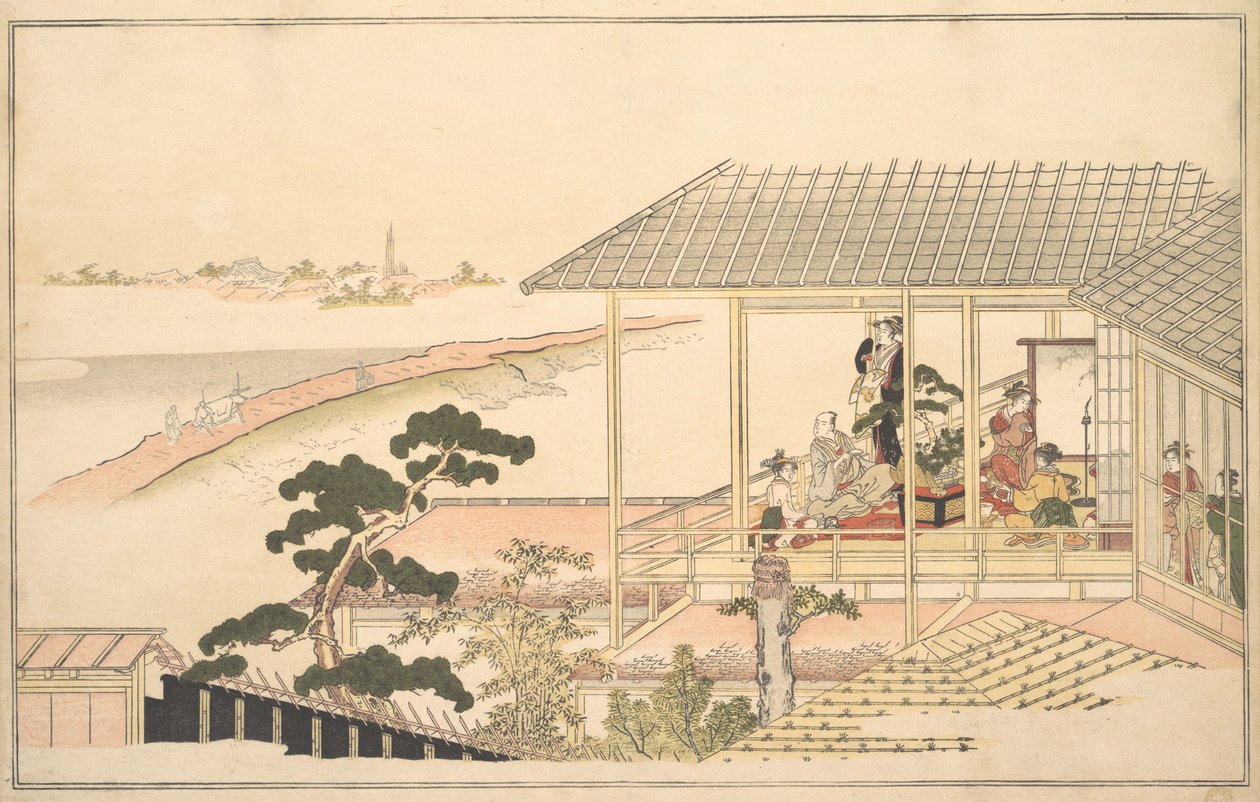 Uma Festa de Felizadores numa Casa em Yoshiwara, numa Noite de Luar, 1789. de Kitagawa Utamaro