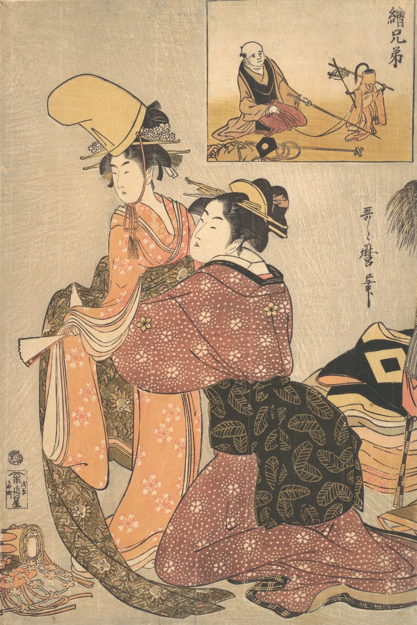 Uma mulher vestindo uma garota para a dança Kabuki “Musume Dojoji..., ca. 1795-96. de Kitagawa Utamaro