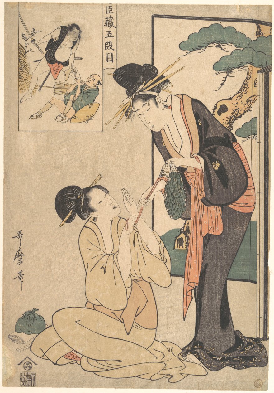 Uma mulher a arrancar um saco de doces à mãe de Kitagawa Utamaro