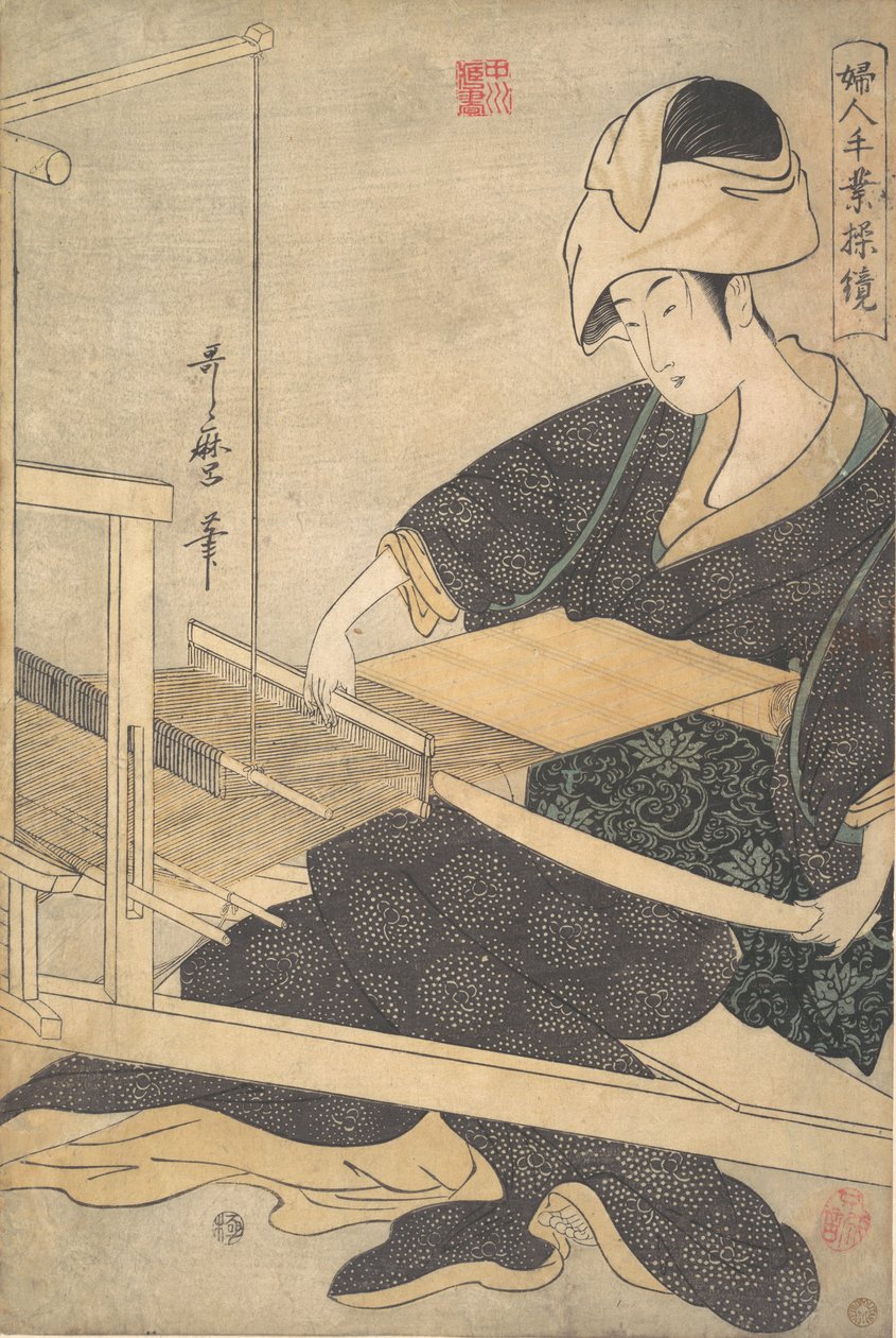 Uma mulher tecendo, sentada em um tear manual, c. 1796. de Kitagawa Utamaro