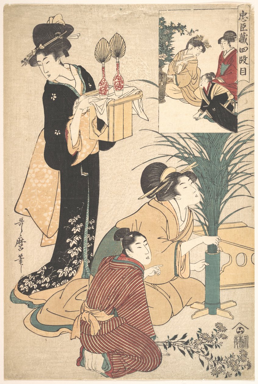Uma mulher e um homem a arranjar flores para o Tsukimi (Festival da Lua) de Kitagawa Utamaro