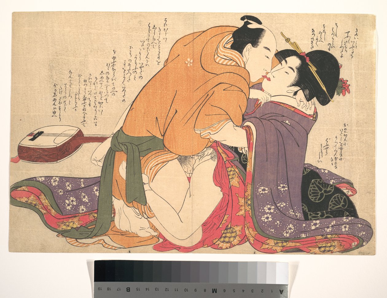 Um casal a fazer amor ao lado de um shamisen, uma página de «Desvendando os Fios do Desejo» (Negai no ito-guchi) de Kitagawa Utamaro