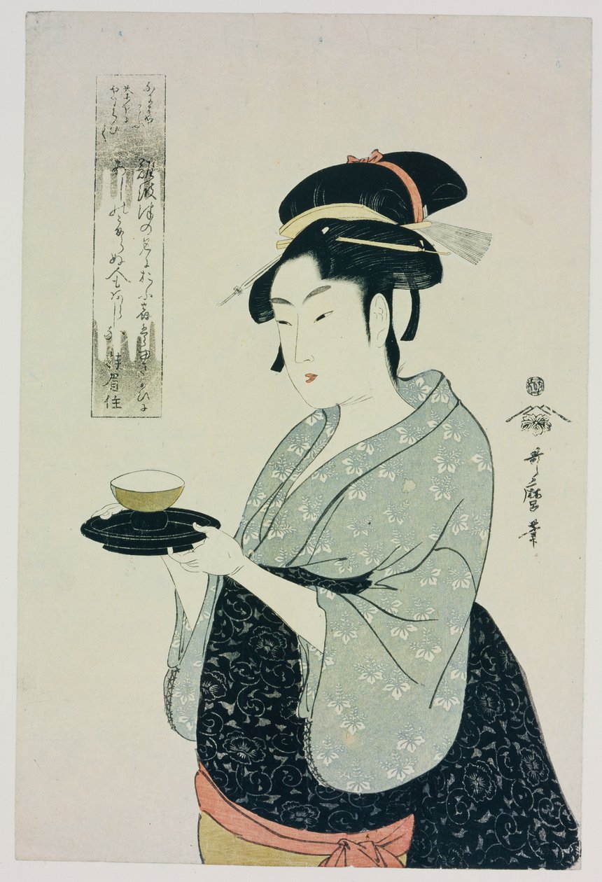 Um retrato de meio comprimento de Naniwaya Okita, representando a famosa garçonete de casa de chá servindo uma xícara de chá de Kitagawa Utamaro
