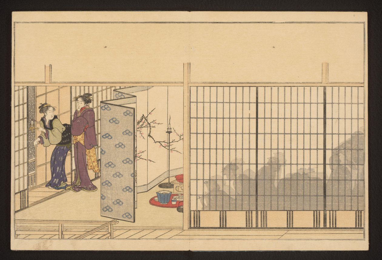 Uma festa numa casa com duas mulheres à esquerda de Kitagawa Utamaro