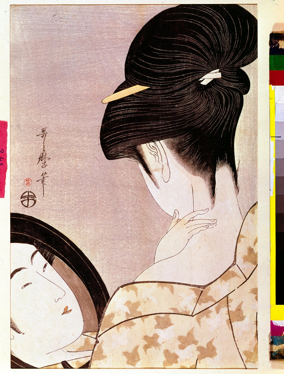 Uma mulher que dá energia ao seu pescoço com estampas de sombra japonesa de Utamaro Kitagawa (1753-1806) - Sol 0,37x0,22 m - 1795-1796 - Paris, Musee Guimet, Musee national des Arts Asians de Kitagawa Utamaro