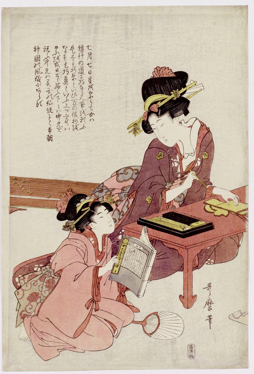 Uma jovem sentada em uma mesa, escrevendo, uma garota com um livro olha de Kitagawa Utamaro