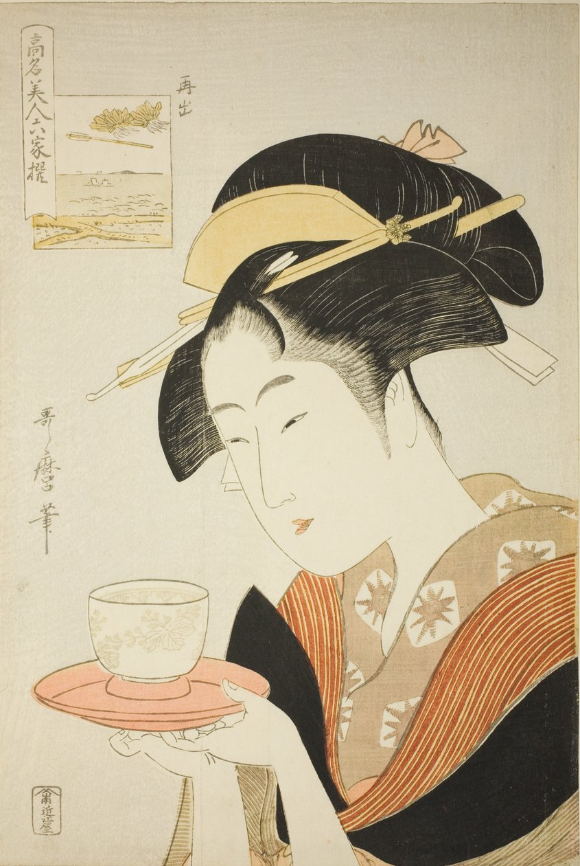 Aparecendo novamente: Naniwaya Okita, da série “Belezas Renomadas Comparadas aos Seis Poetas Imortais” (“Komei bijin rokkasen”) de Kitagawa Utamaro