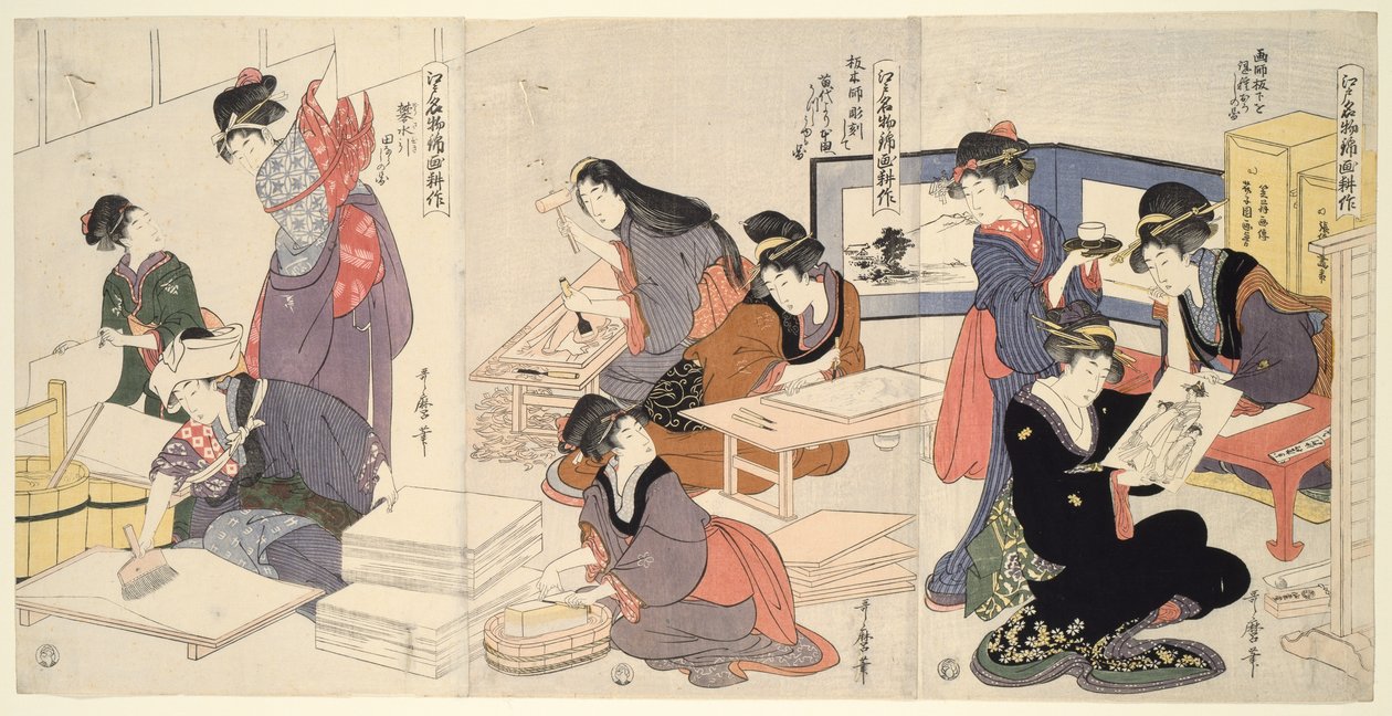 Artista, Block Carver, Aplicando Dimensionamento (Eshi, hangashi, dosa-biki), da série The Cultivation of Brocade Prints, a Famous Product of Edo (Edo meibutsu nishiki-e kosaku) de Kitagawa Utamaro