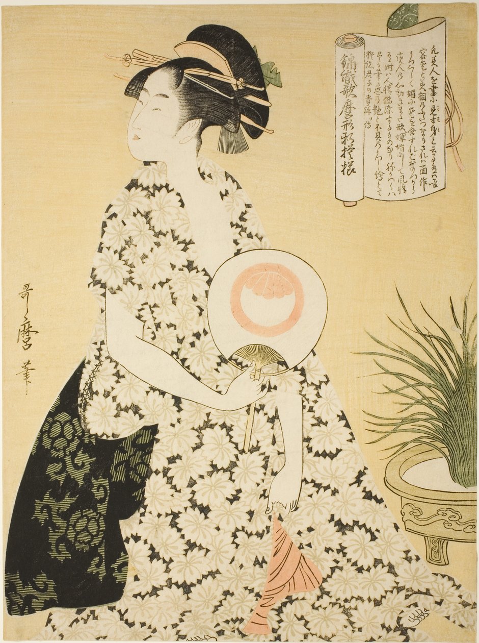 Beleza vestindo um quimono de verão, da série “New Patterns of Brocade Woven in Utamaro Style” (“Nishiki-ori Utamaro-gata-shinmoyo”) de Kitagawa Utamaro