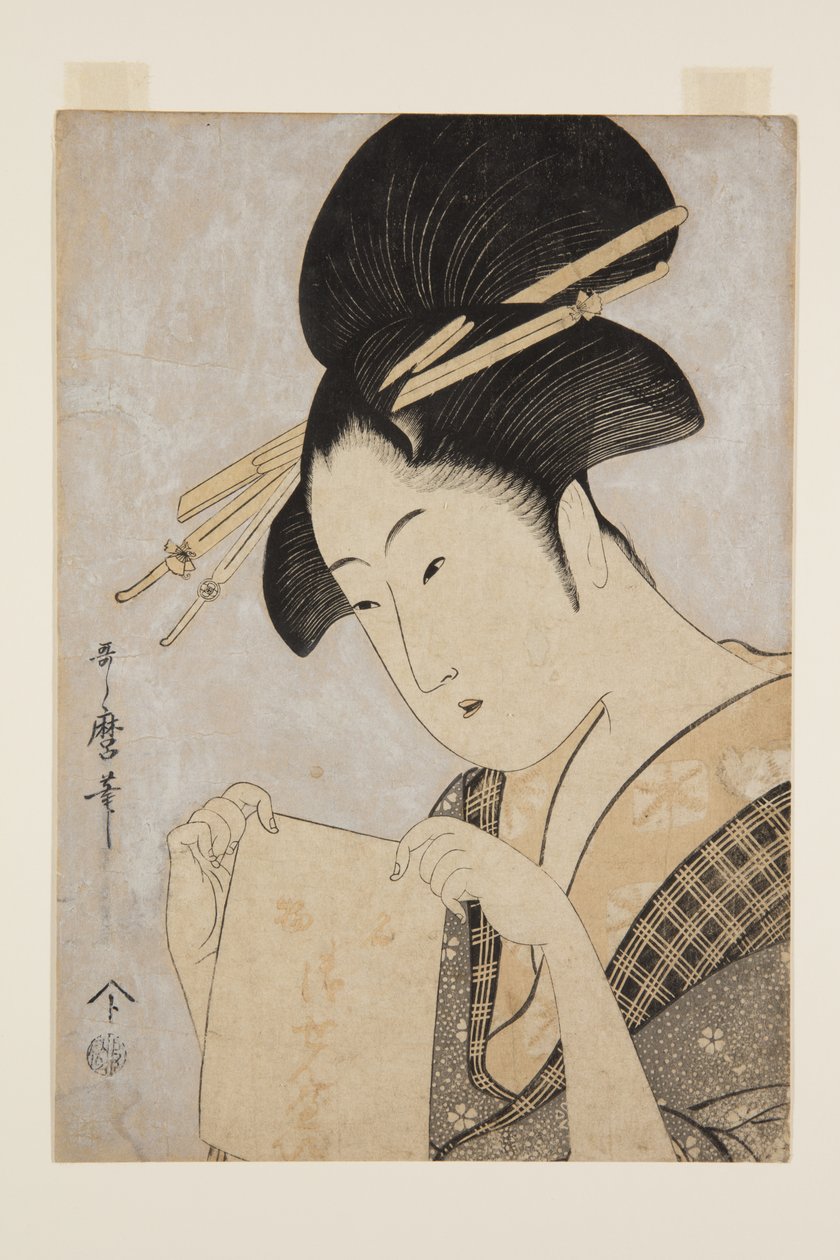 Beleza com uma toalha de mão (impressão em bloco de madeira a cores) de Kitagawa Utamaro