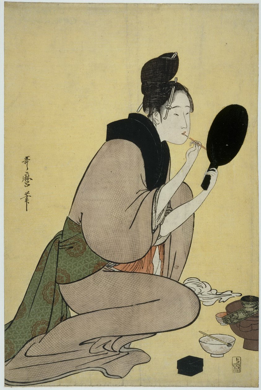 Bijin-ga. Garota aplicar maquiagem nos lábios de Kitagawa Utamaro