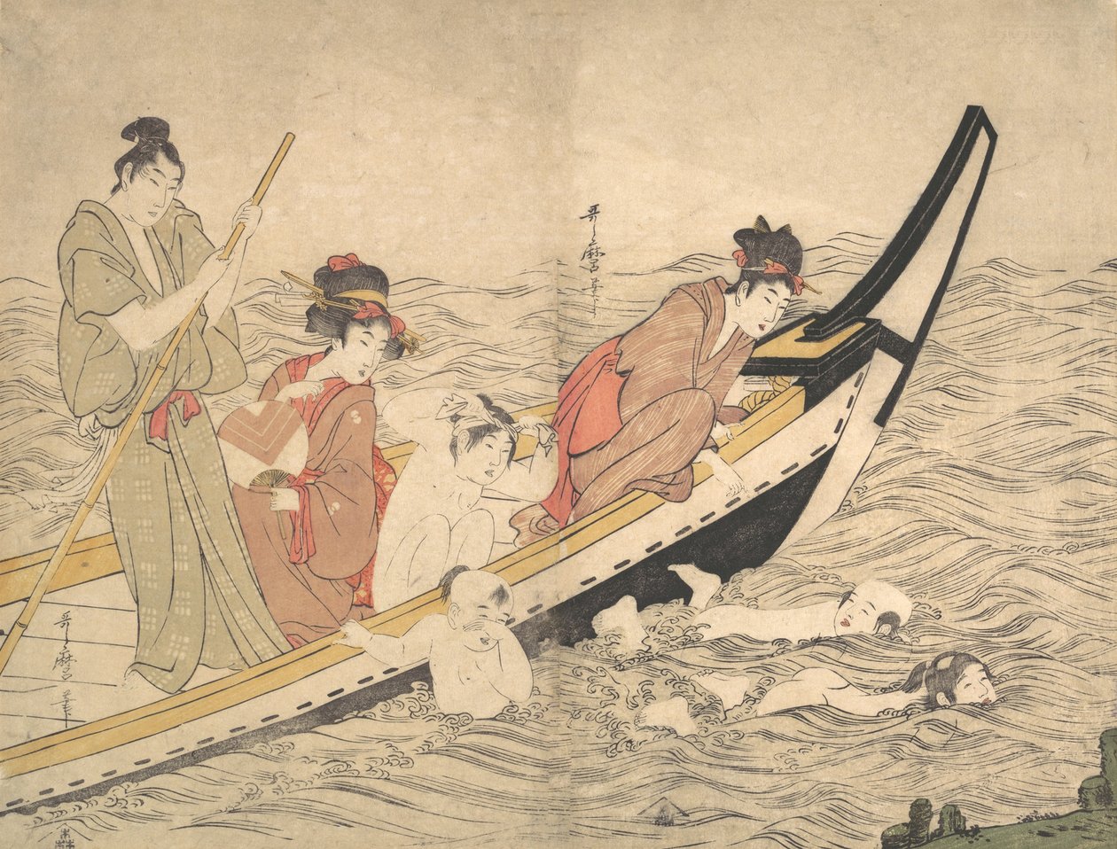 Festa de barco com crianças nadando, final do século XVIII. de Kitagawa Utamaro