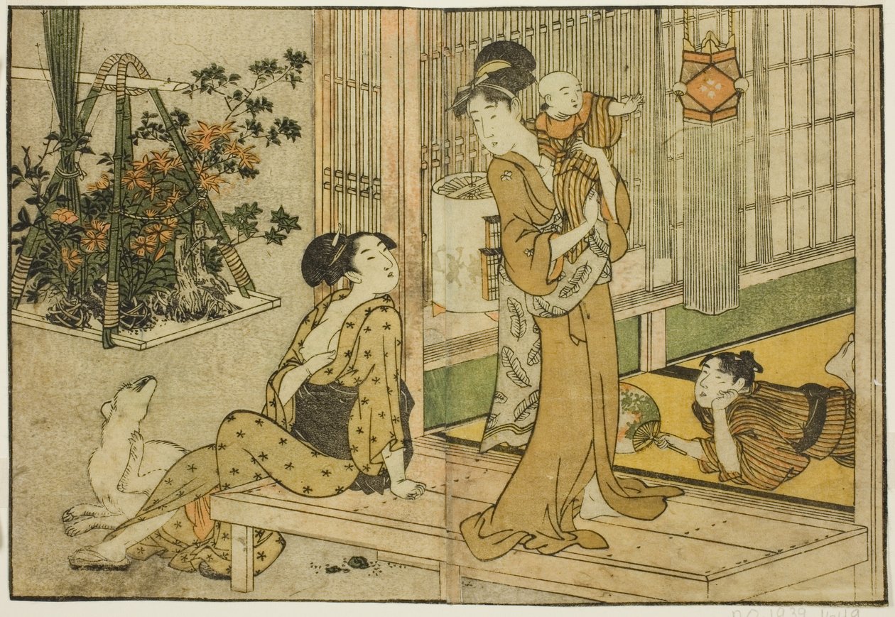Bon Festival Lanterns and Plant Seller, do livro ilustrado "Livro de Imagens: Flores das Quatro Estações (Ehon shiki no hana)", vol. 2 de Kitagawa Utamaro