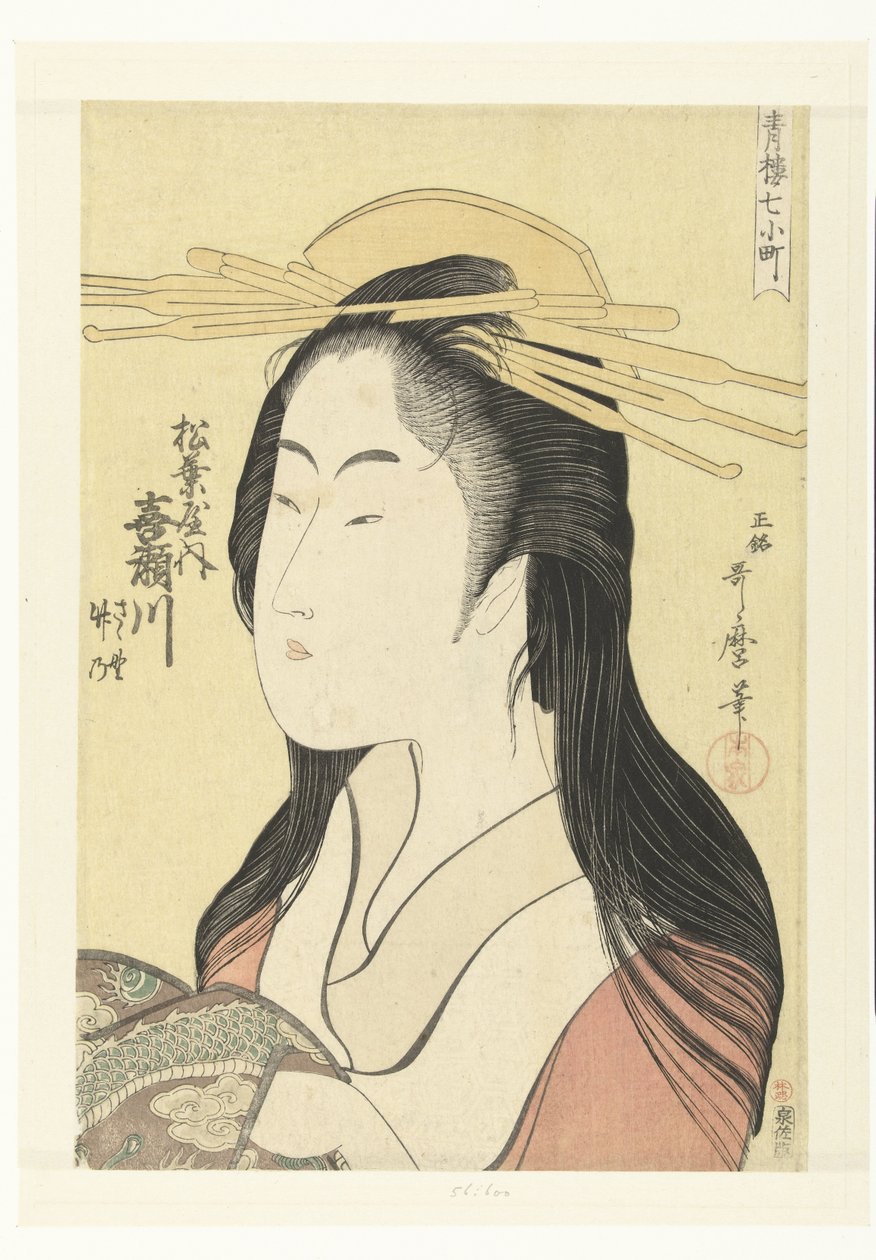 Retrato busto da cortesã Kisegawa da casa Matsubaya.
Matsubaya uchi Kisegawa (título sobre o objecto)
Os sete Komachi das casas de prazer (título da série)
Seiro nana Komachi (título da série sobre o objecto) de Kitagawa Utamaro