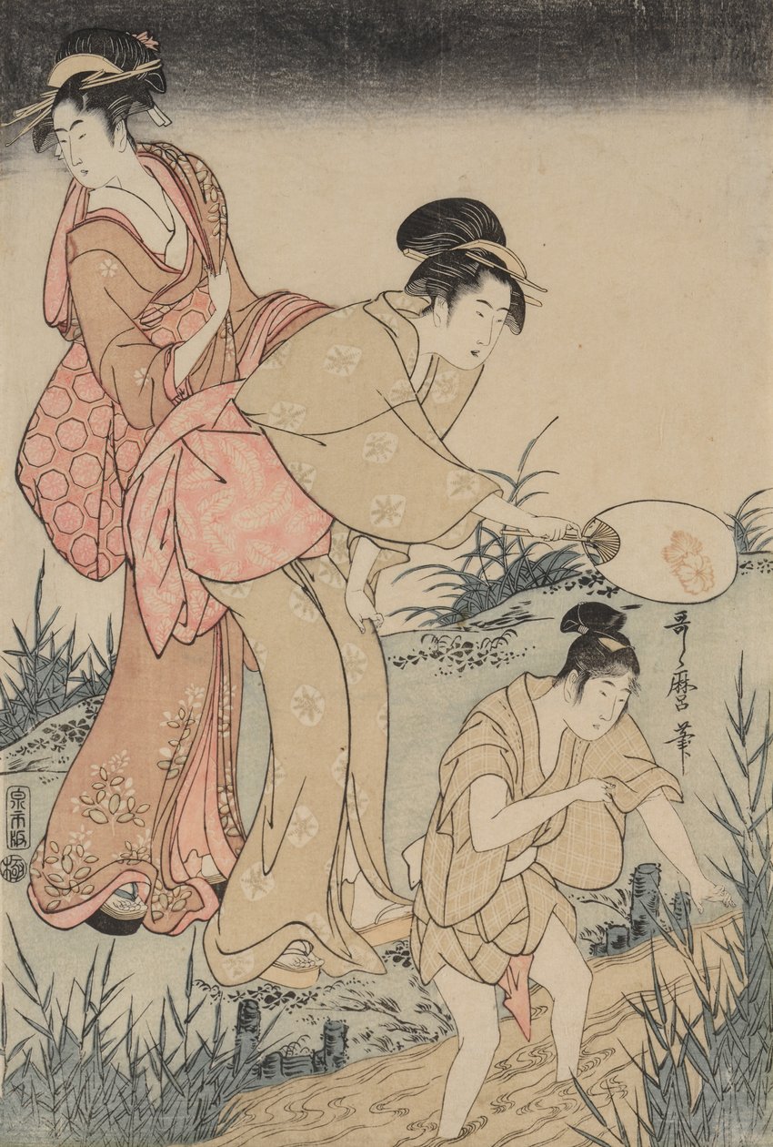 Pegando vaga-lumes embaixo de uma árvore de salgueiro à direita, c. 1796-1797. de Kitagawa Utamaro