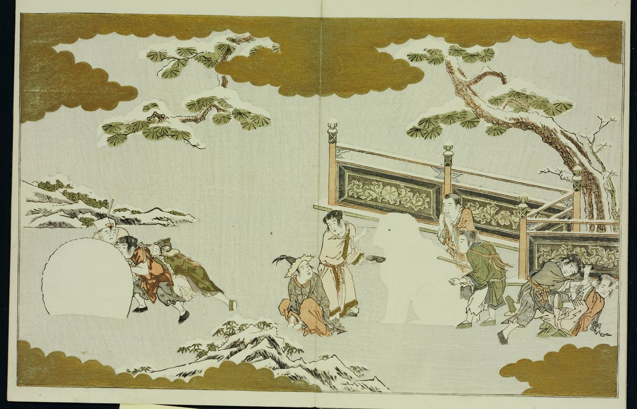 Crianças fazendo um shishi na neve e rolando uma bola de neve, do "The Silver World" de Kitagawa Utamaro