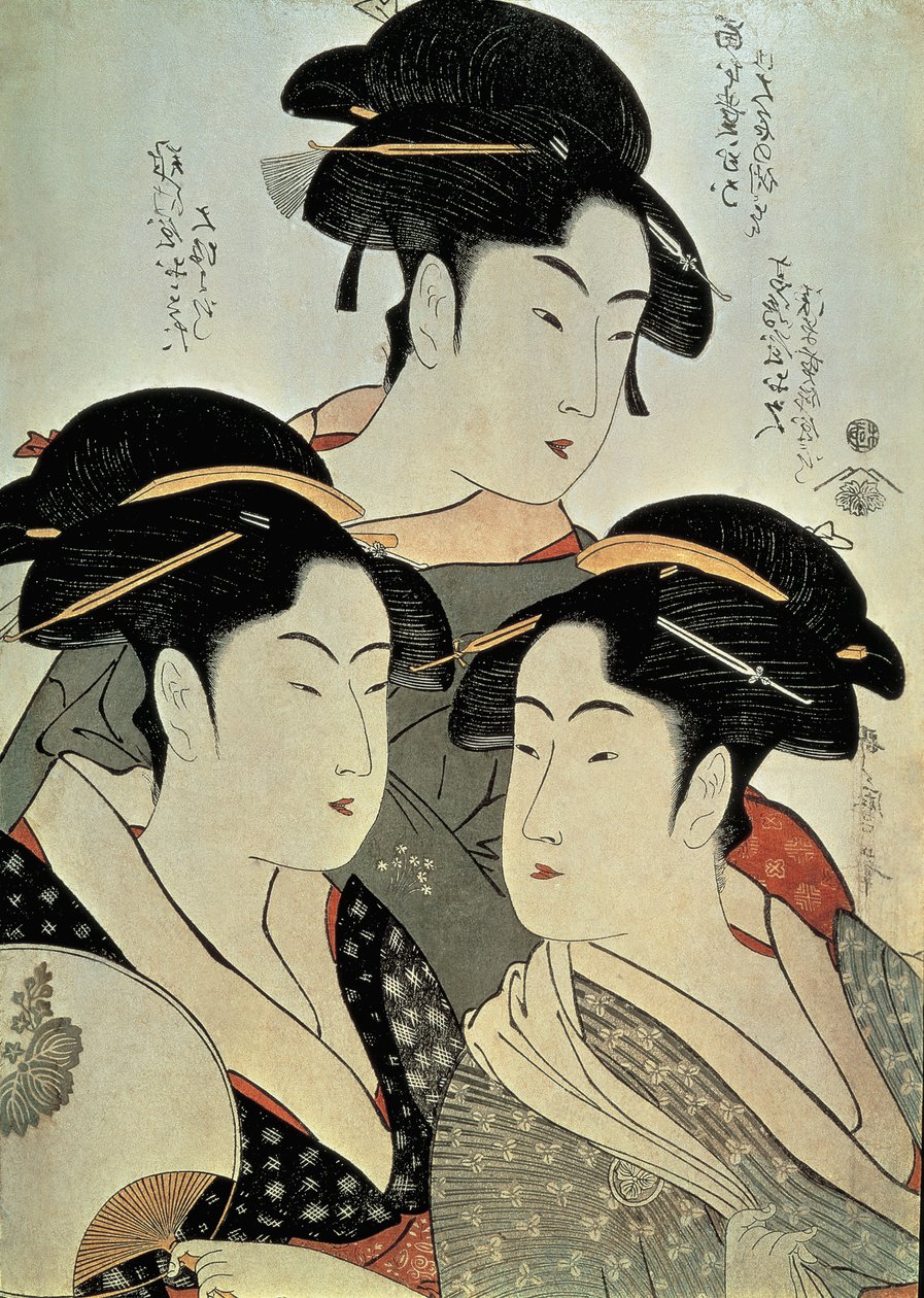 Grande plano de uma pintura de três mulheres, Kitagawa Utamaro, era Kansei, Japão de Kitagawa Utamaro