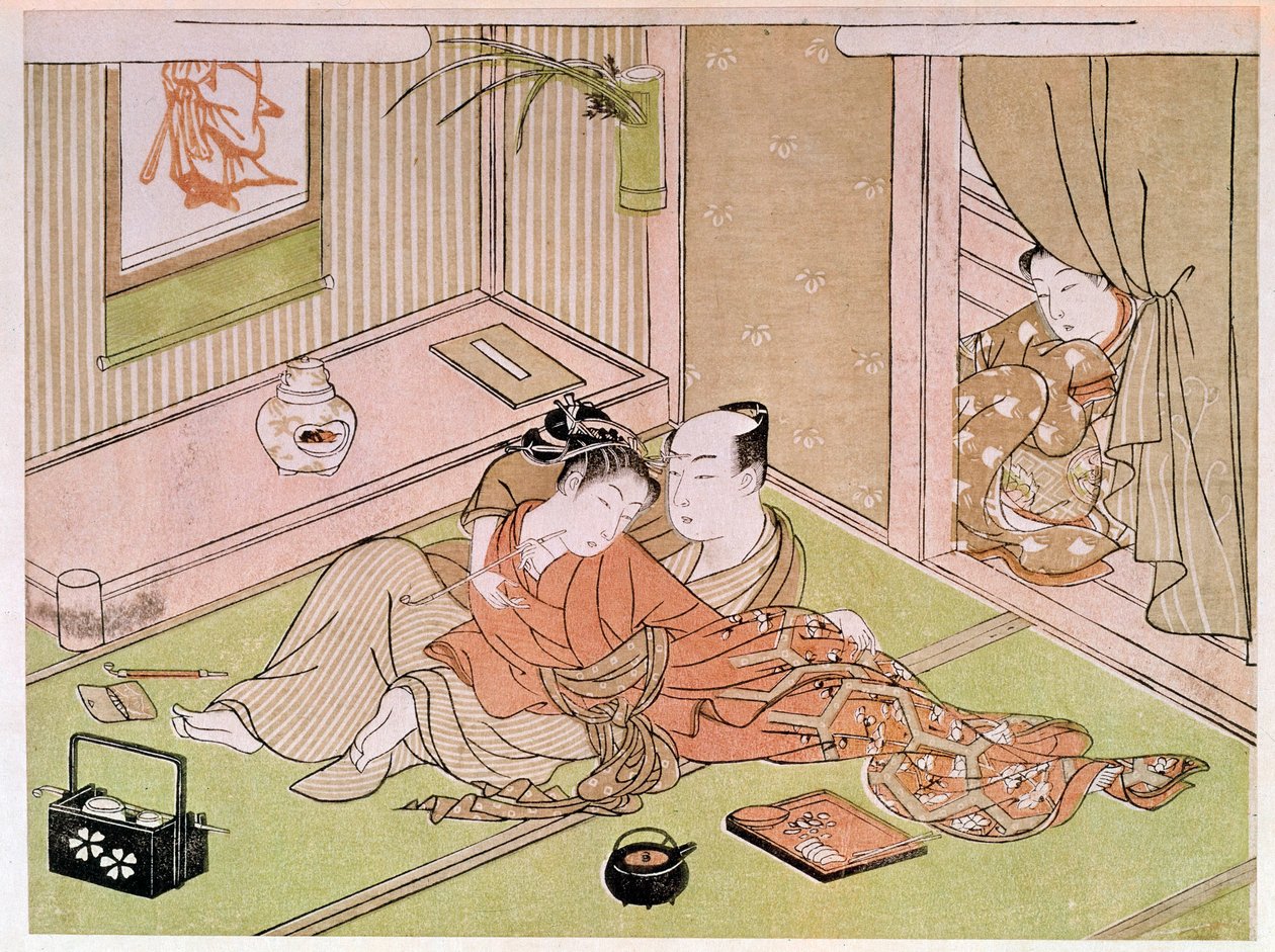Carícia de casal sob o olhar da serva japonesa estampada por Utamaro Kitagawa (1753-1806). Século XVIII. Paris, Museu Guimet, Museu Nacional de Artes Asiáticas de Kitagawa Utamaro
