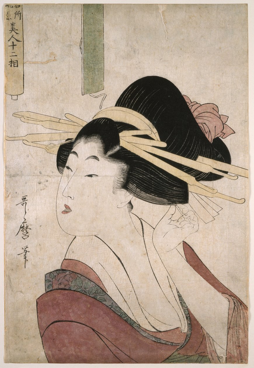 Courtesan coloca um alfinete no seu cabelo (sem uma inscrição no pergaminho parcialmente desenrolado) de Kitagawa Utamaro