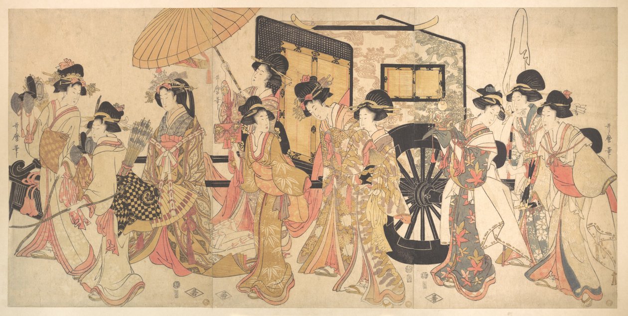 Cortesãs a imitar uma procissão da corte de Kitagawa Utamaro