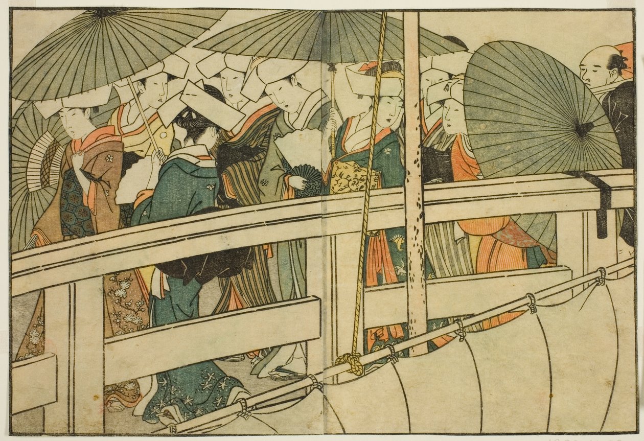 Atravessando uma ponte no verão, do livro ilustrado "Livro ilustrado: Flores das quatro estações (Ehon shiki no hana)", vol. 1 de Kitagawa Utamaro