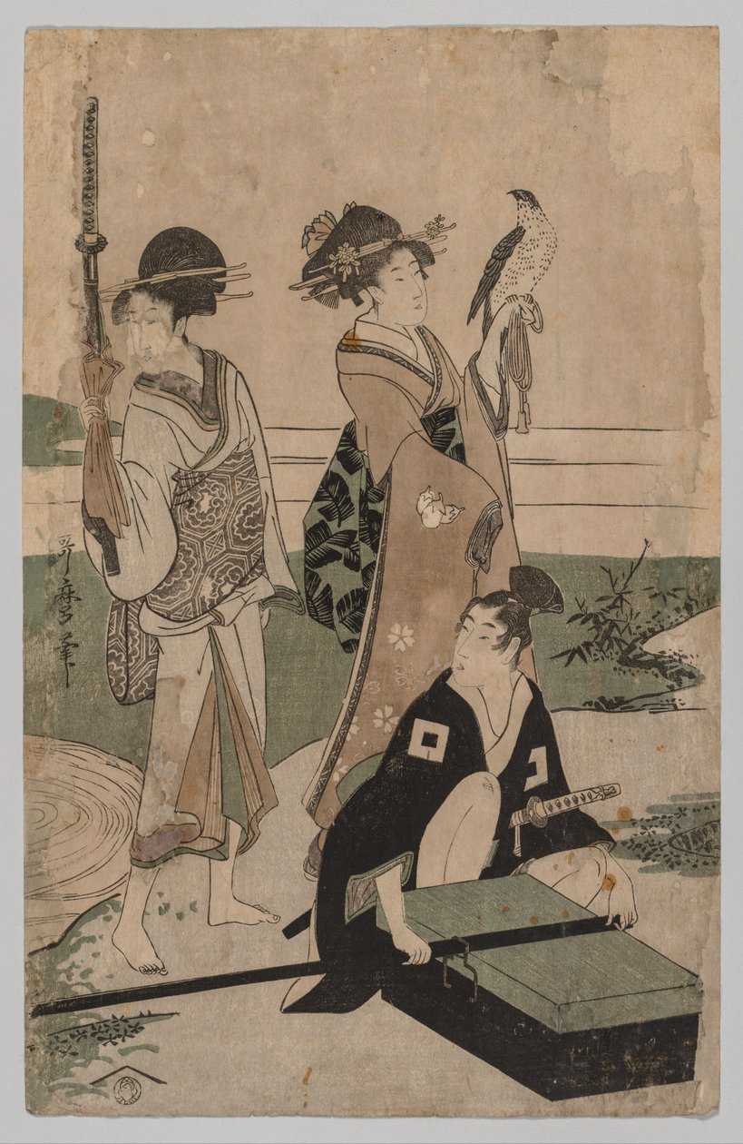 Daimyō e seu séquito cruzando um riacho na planície perto de Fuji de Kitagawa Utamaro