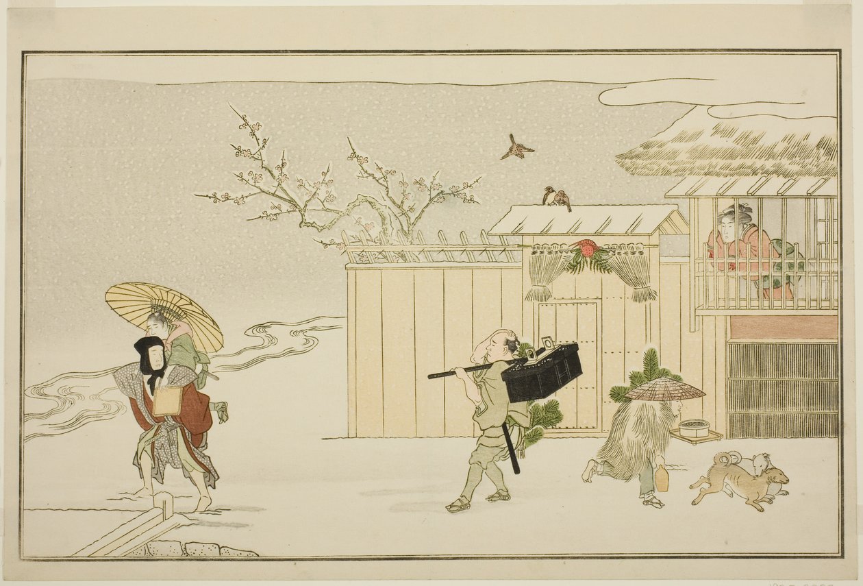 Entregando presentes de ano novo na neve, da antologia kyoka ilustrada "The Young God Ebisu (Waka Ebisu)" de Kitagawa Utamaro
