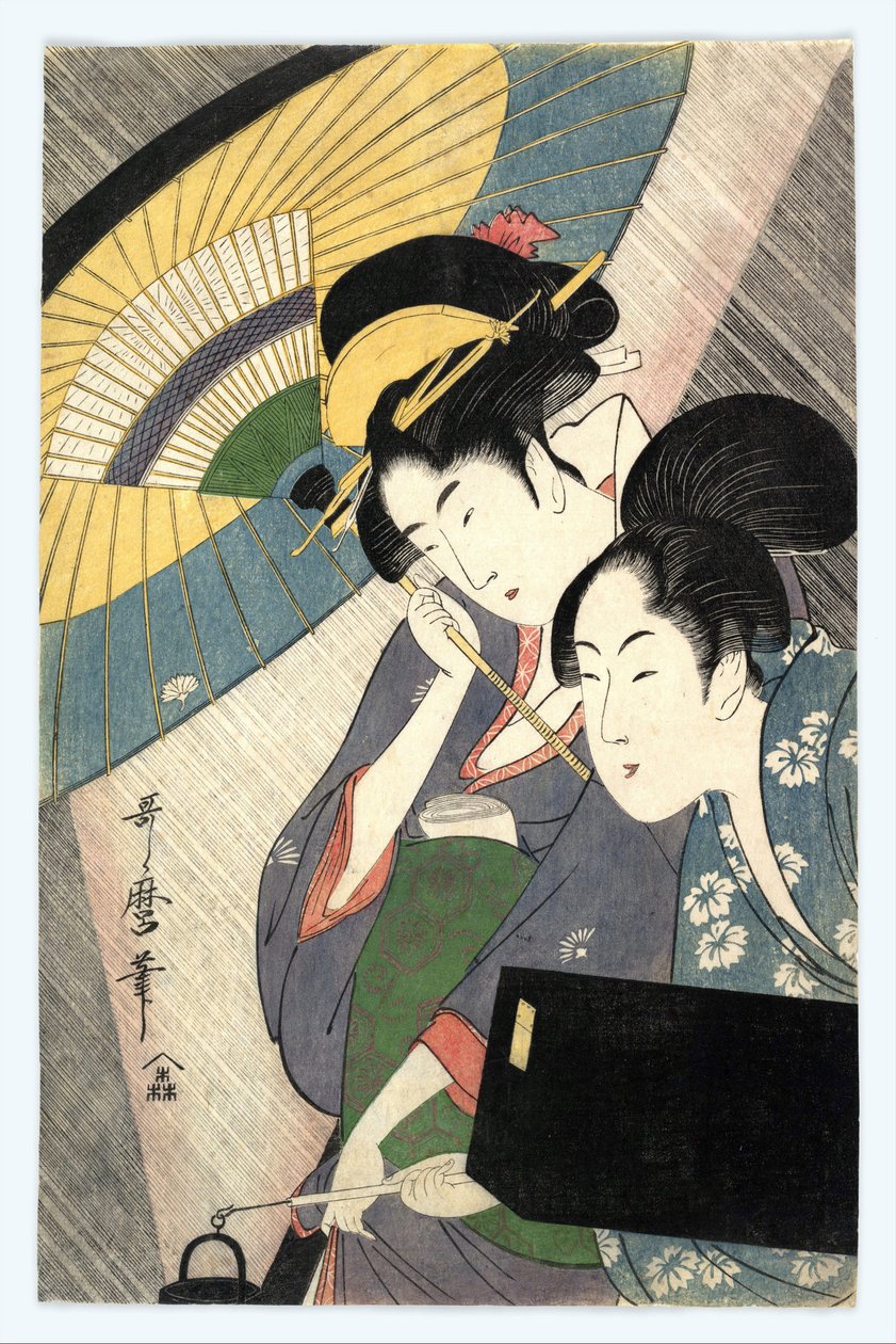 Duas mulheres sob um guarda-chuva de Utamaro, Kitagawa (1753-1806) de Kitagawa Utamaro