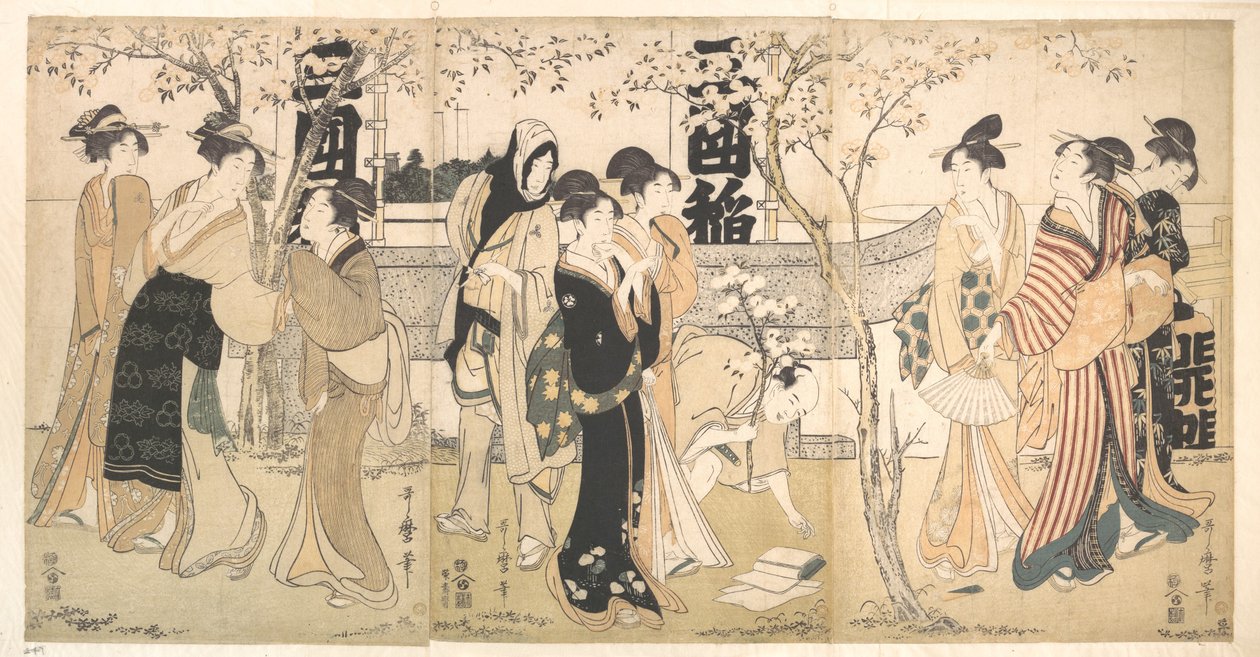 Exposição de tesouros no santuário de Mimeguri (Mimeguri jinja no onkaichō) de Kitagawa Utamaro
