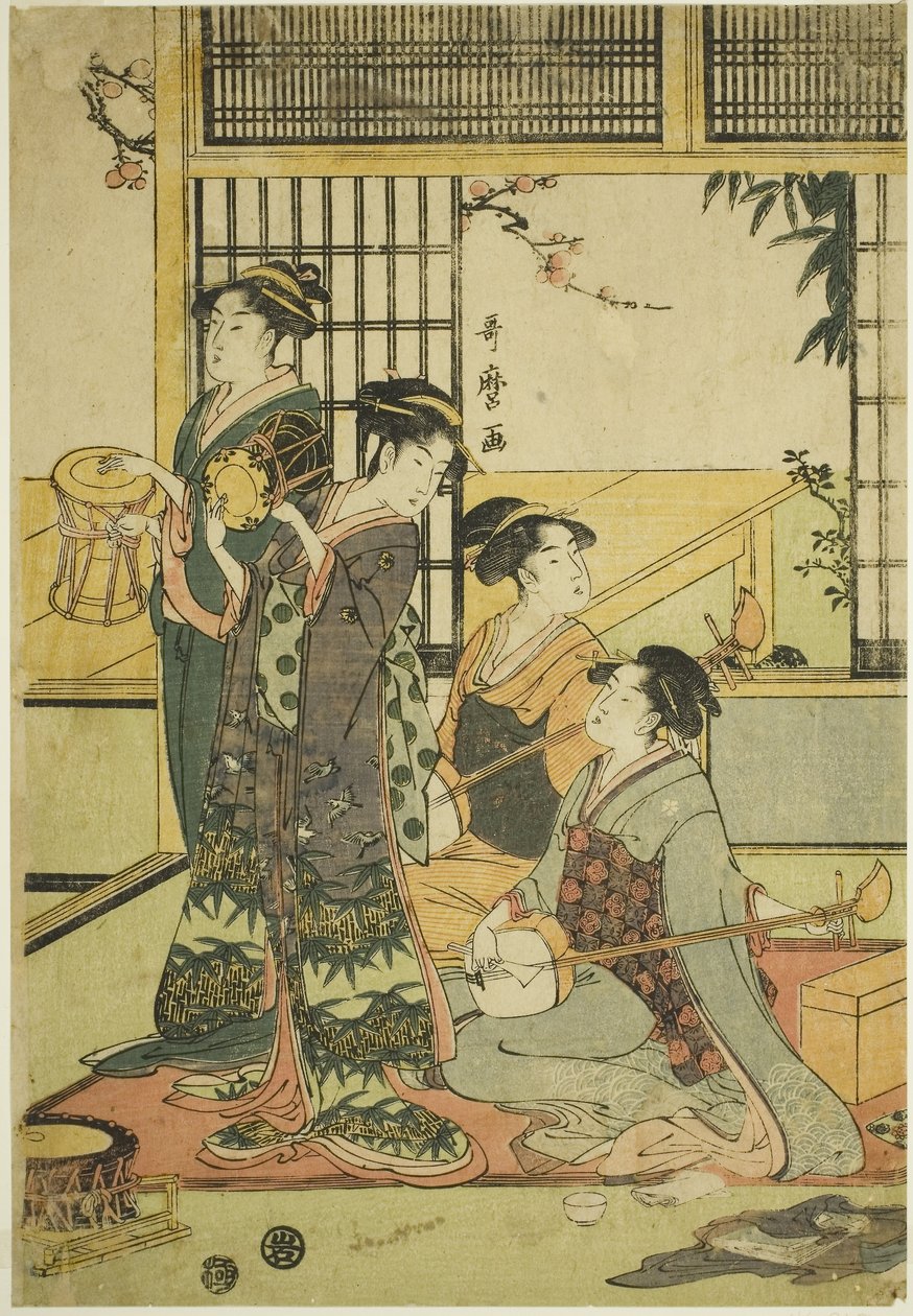 Tambores e Shamisen (xilogravura a cores; aiban) de Kitagawa Utamaro