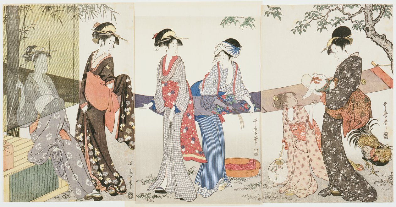 Secagem e estiramento de tecido de Kitagawa Utamaro
