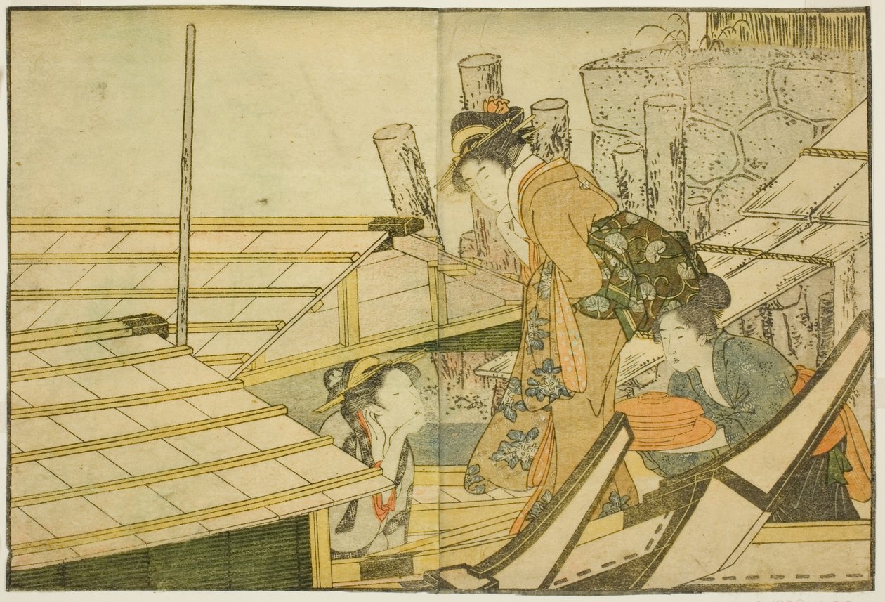 Embarcando em Barcos de Prazer no Verão, do livro ilustrado "Livro de Imagens: Flores das Quatro Estações (Ehon shiki no hana)", vol. 1 de Kitagawa Utamaro