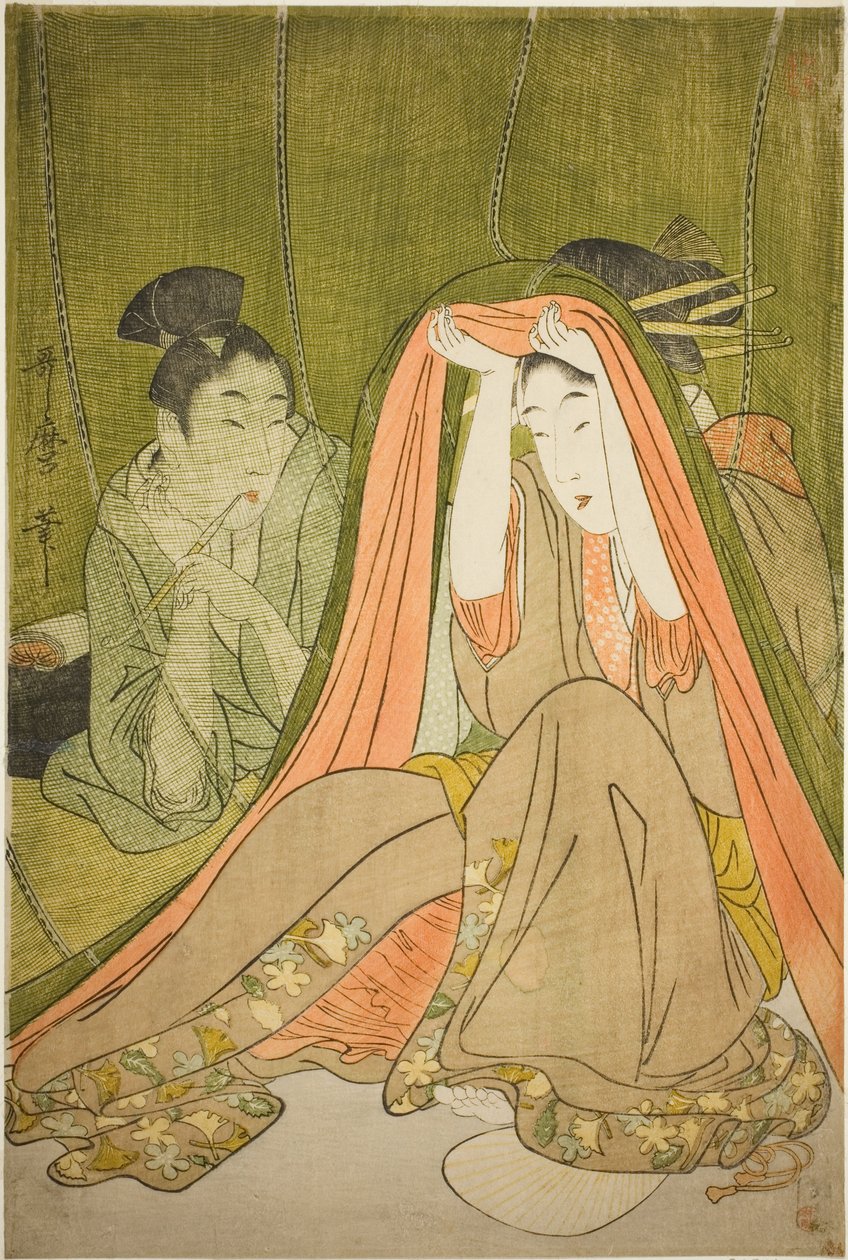 Emergindo de uma rede mosquiteira de Kitagawa Utamaro