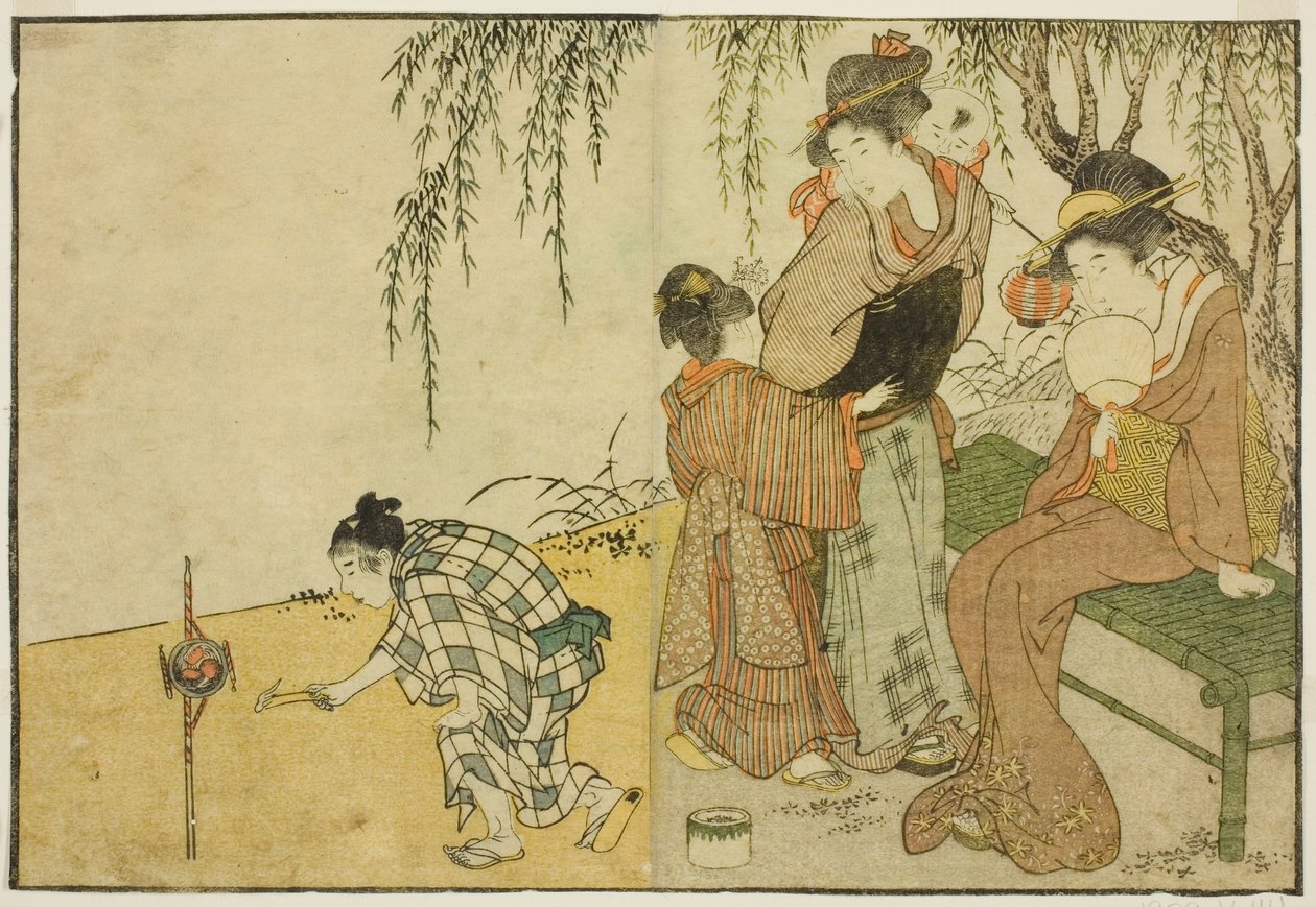 Apreciando Fogos de Artifício, do livro ilustrado "Livro de Imagens: Flores das Quatro Estações (Ehon shiki no hana)", vol. 1 de Kitagawa Utamaro