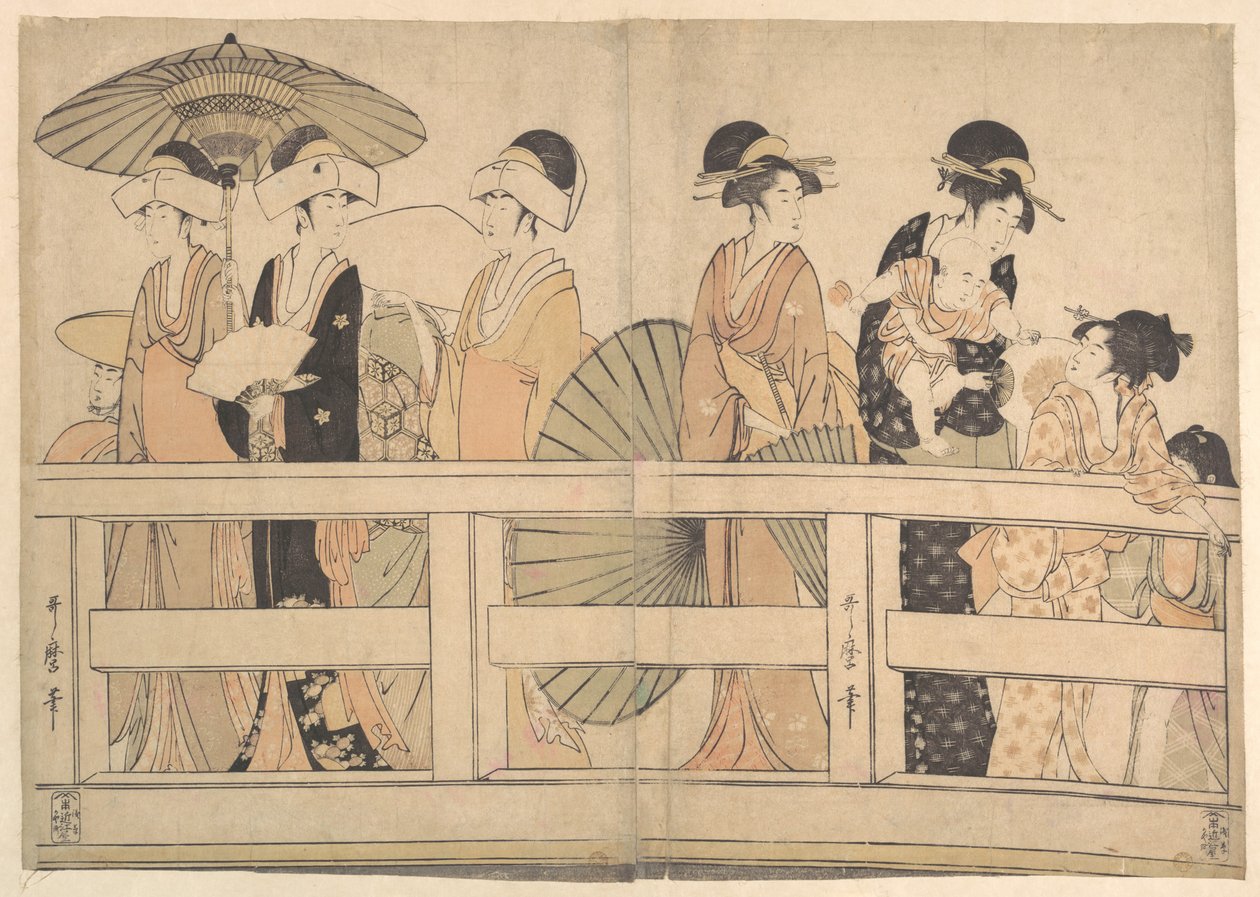 A desfrutar da brisa fresca do fim de tarde em cima e debaixo da ponte de Kitagawa Utamaro