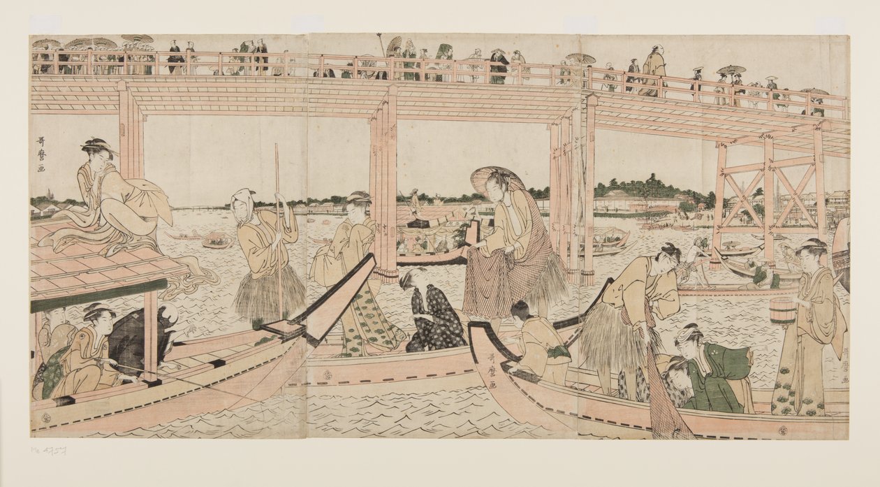 Barcos de Pesca com Redes sob a Ponte Ry?goku (impressão em bloco de madeira a cores) de Kitagawa Utamaro