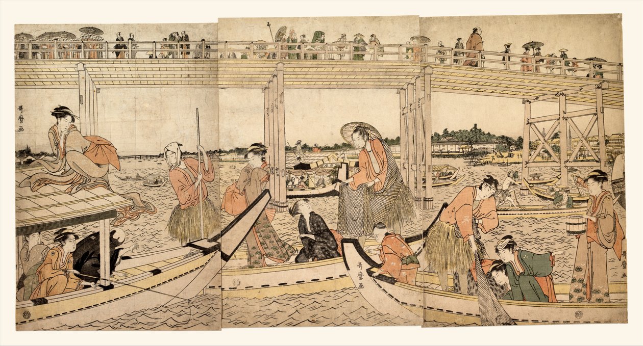 Barcos de pesca com redes debaixo da ponte de Ryōgoku de Kitagawa Utamaro
