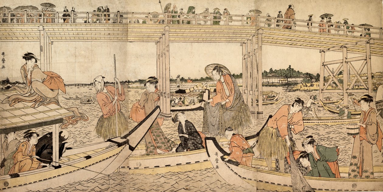Barcos de pesca com redes sob a ponte Ryogoku, década de 1790. de Kitagawa Utamaro
