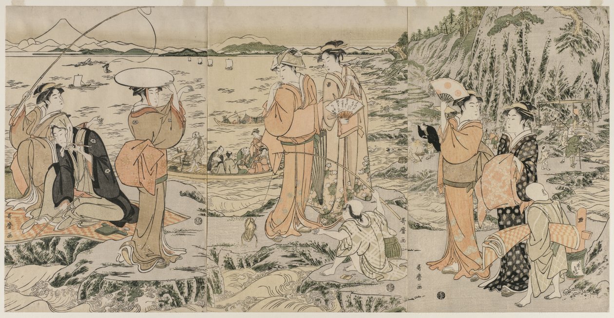 Pescando no Chopping Board Rock em Enoshima de Kitagawa Utamaro