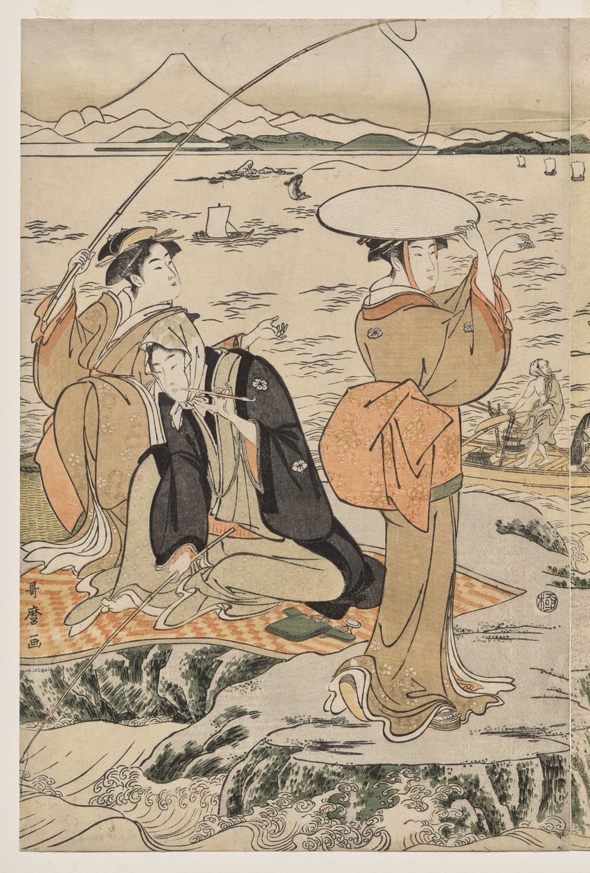 Pescando no Chopping Board Rock em Enoshima de Kitagawa Utamaro