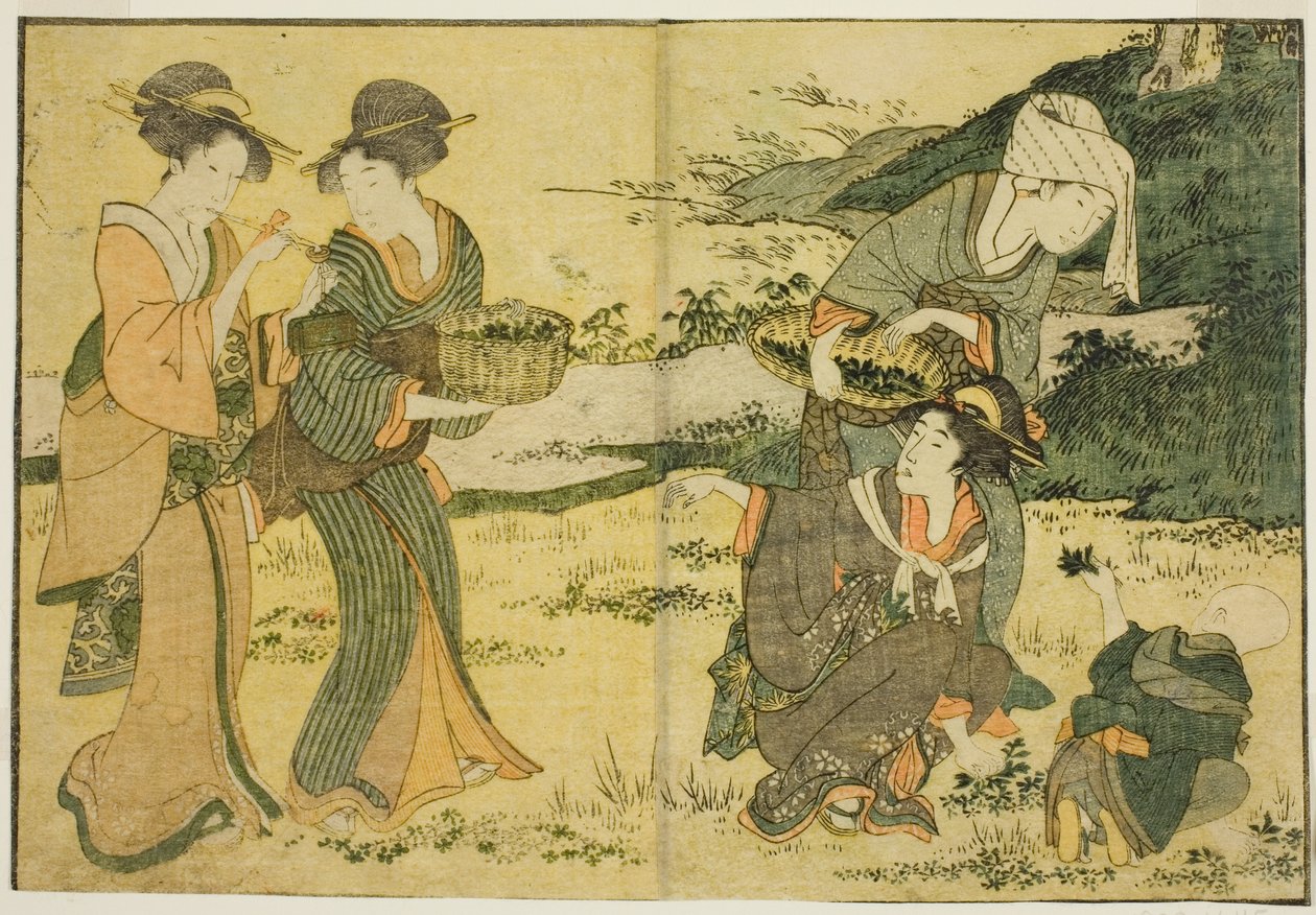Coletando Ervas da Primavera, do livro ilustrado "Livro de Imagens: Flores das Quatro Estações (Ehon shiki no hana)", vol. 1 de Kitagawa Utamaro