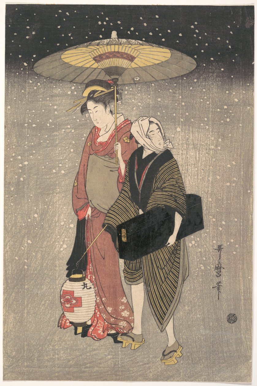 Gueixa a caminhar pela neve à noite de Kitagawa Utamaro