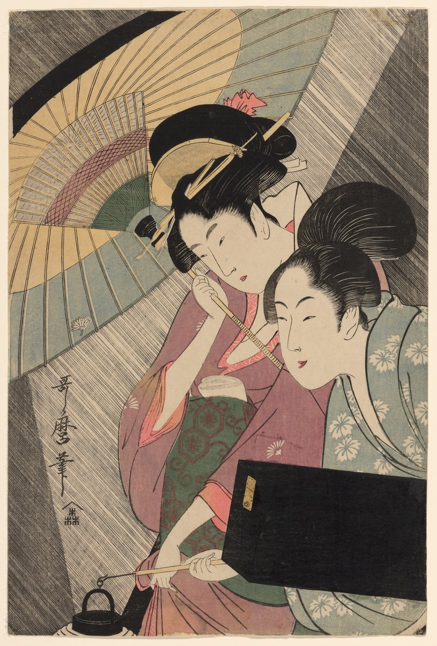 Gueixa e atendente em uma noite chuvosa de Kitagawa Utamaro